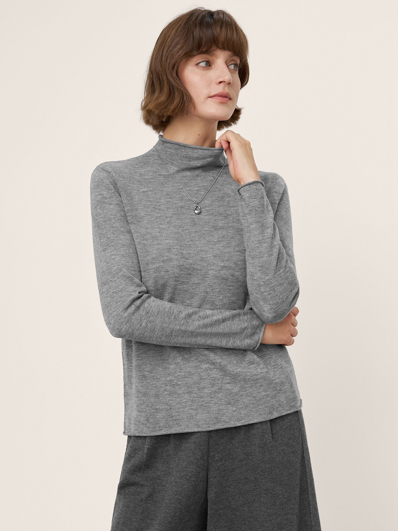 100% Extra-Fine Merino Wool Mock Neck Sweater with Rolled Edge ELA by LINTICO for women