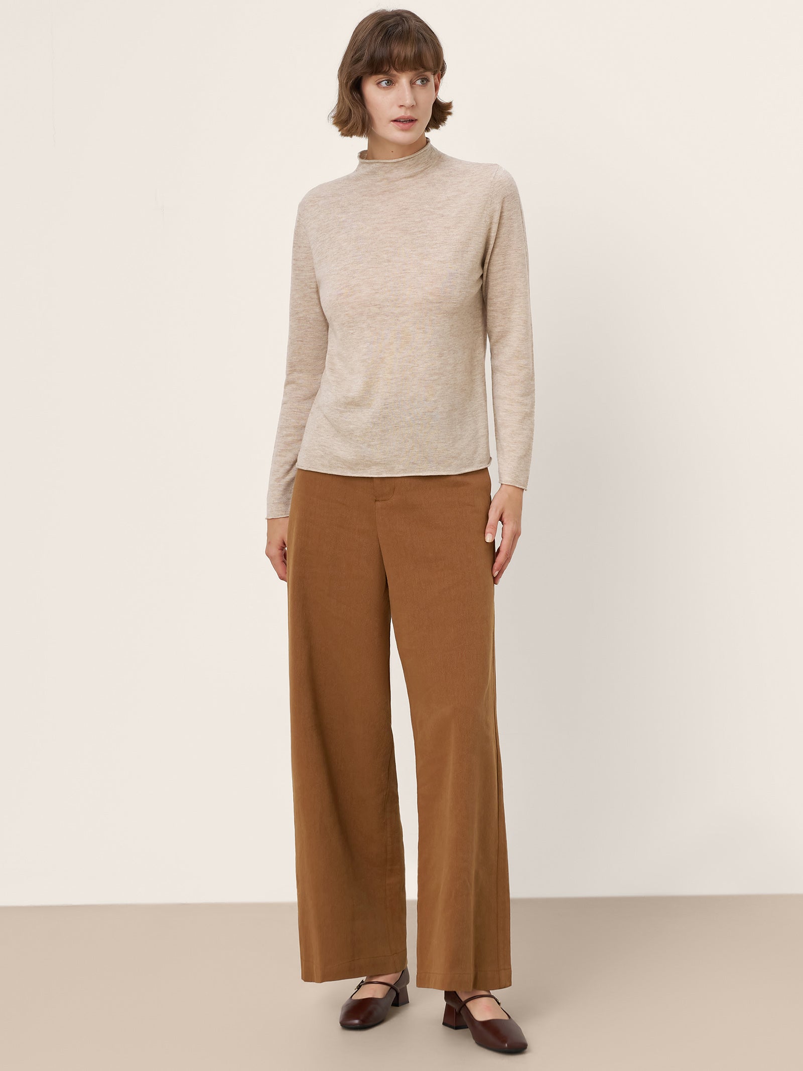 100% Extra-Fine Merino Wool Mock Neck Sweater with Rolled Edge ELA by LINTICO for women