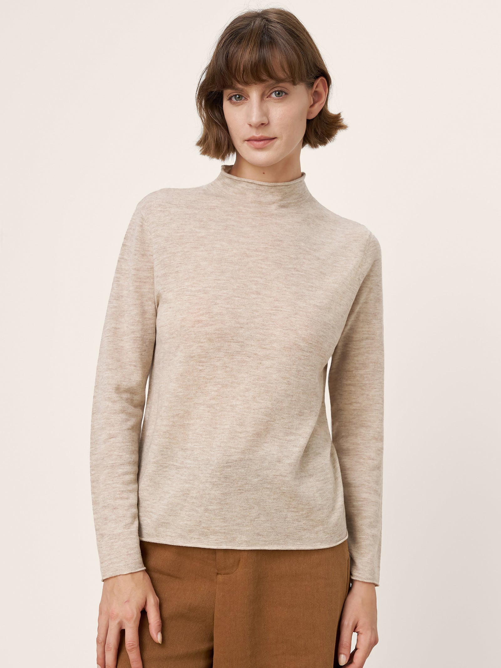 100% Extra-Fine Merino Wool Mock Neck Sweater with Rolled Edge ELA by LINTICO for women