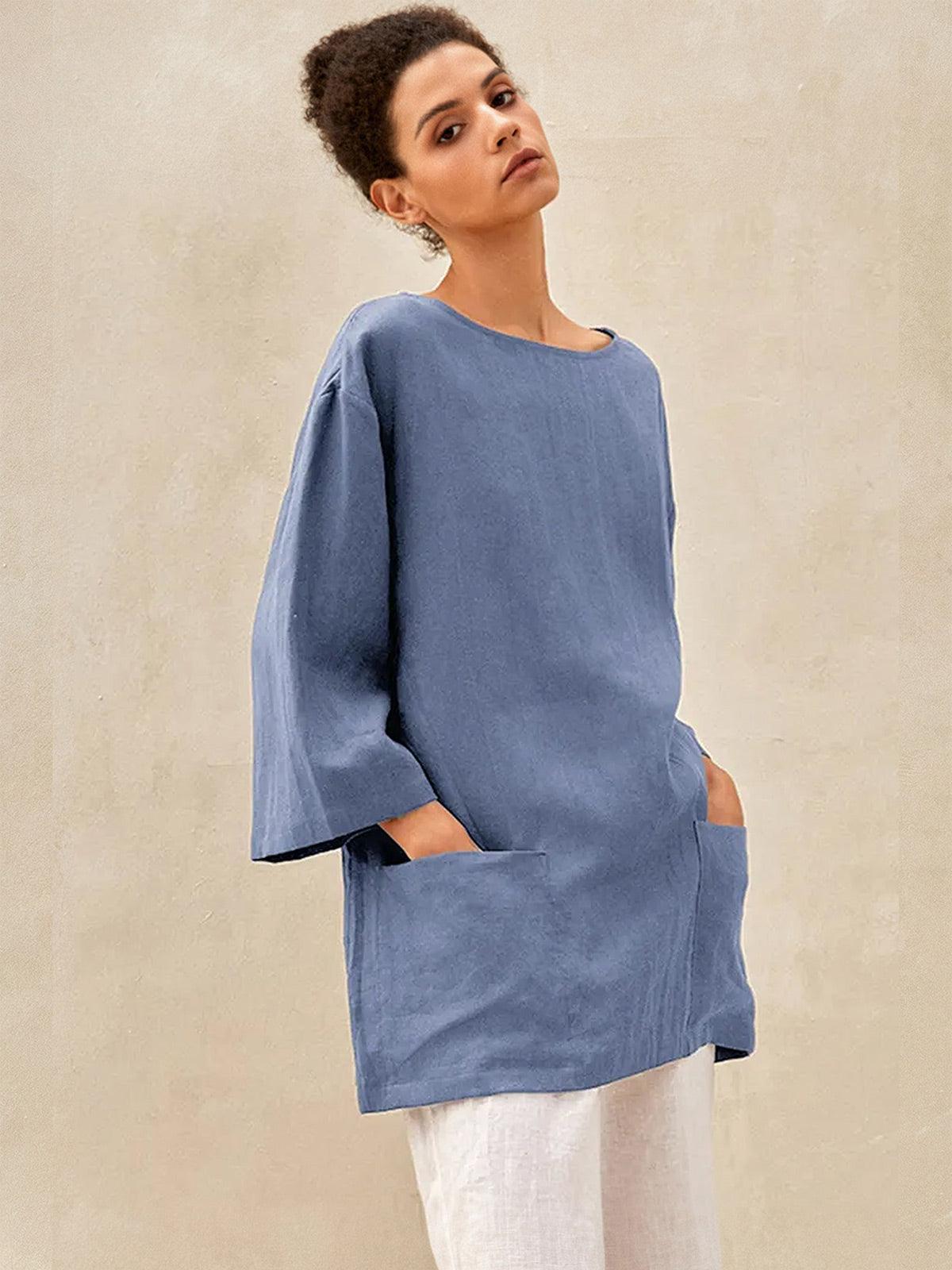 100% Linen Loose Long Shirt LILY - Dusty Blue / S - TOPS-Linen Tunics