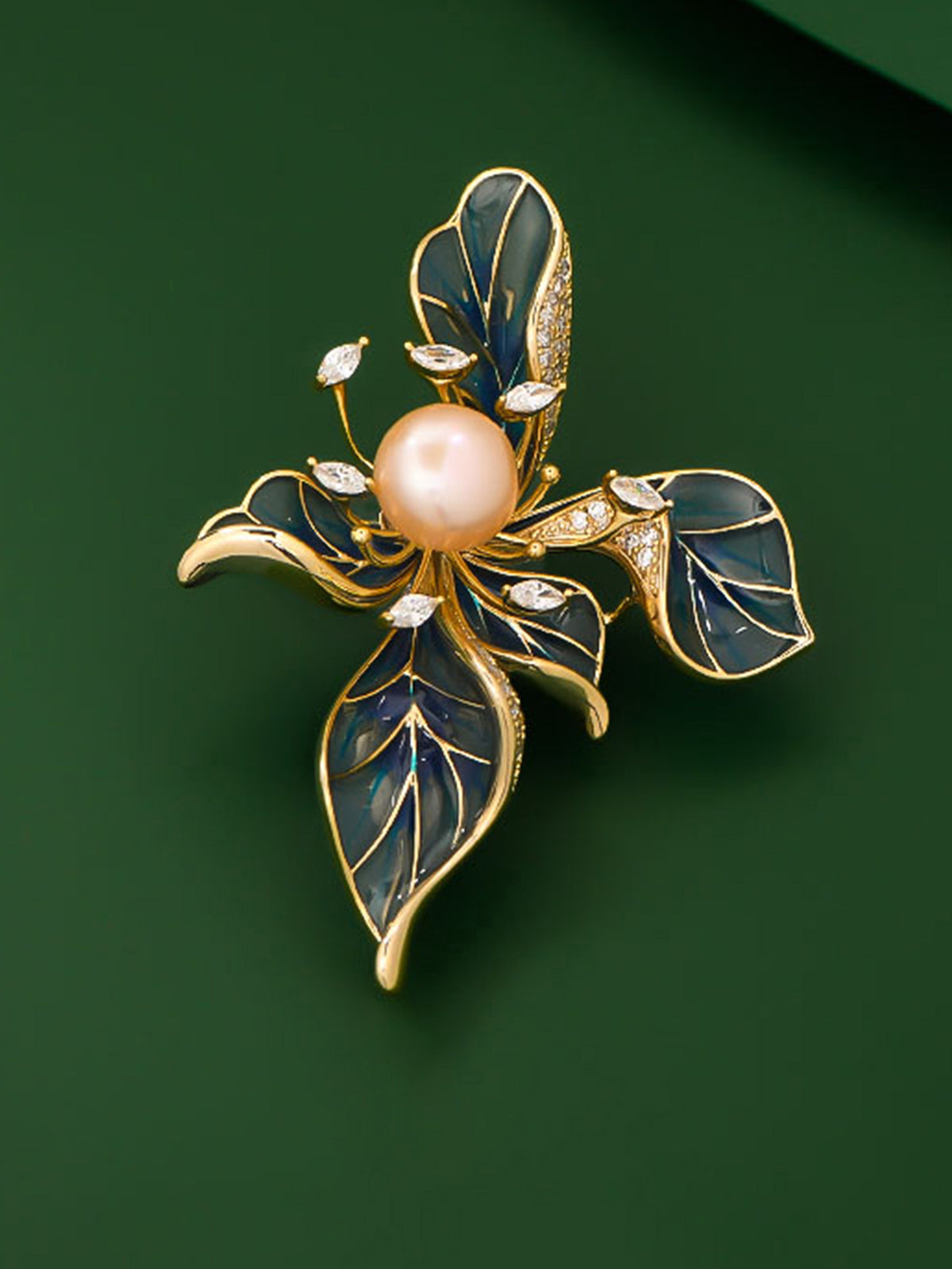 Freshwater Pearl Zircon & Alloy French Iris Brooch