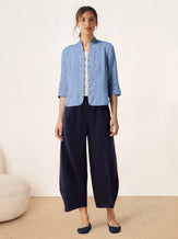 100% Linen Stand-Collar Half-Sleeve Fitted Jacket AMELIA - TOPS-Linen Jackets