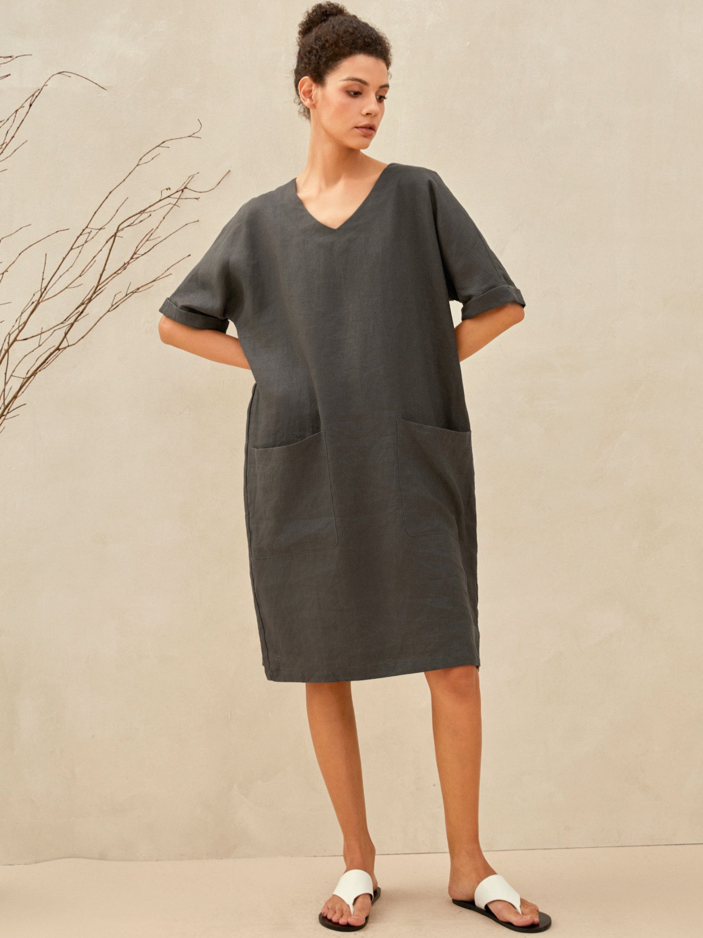MIA 100% LINEN OVERSIZED V-NECK DRESS - dresses
