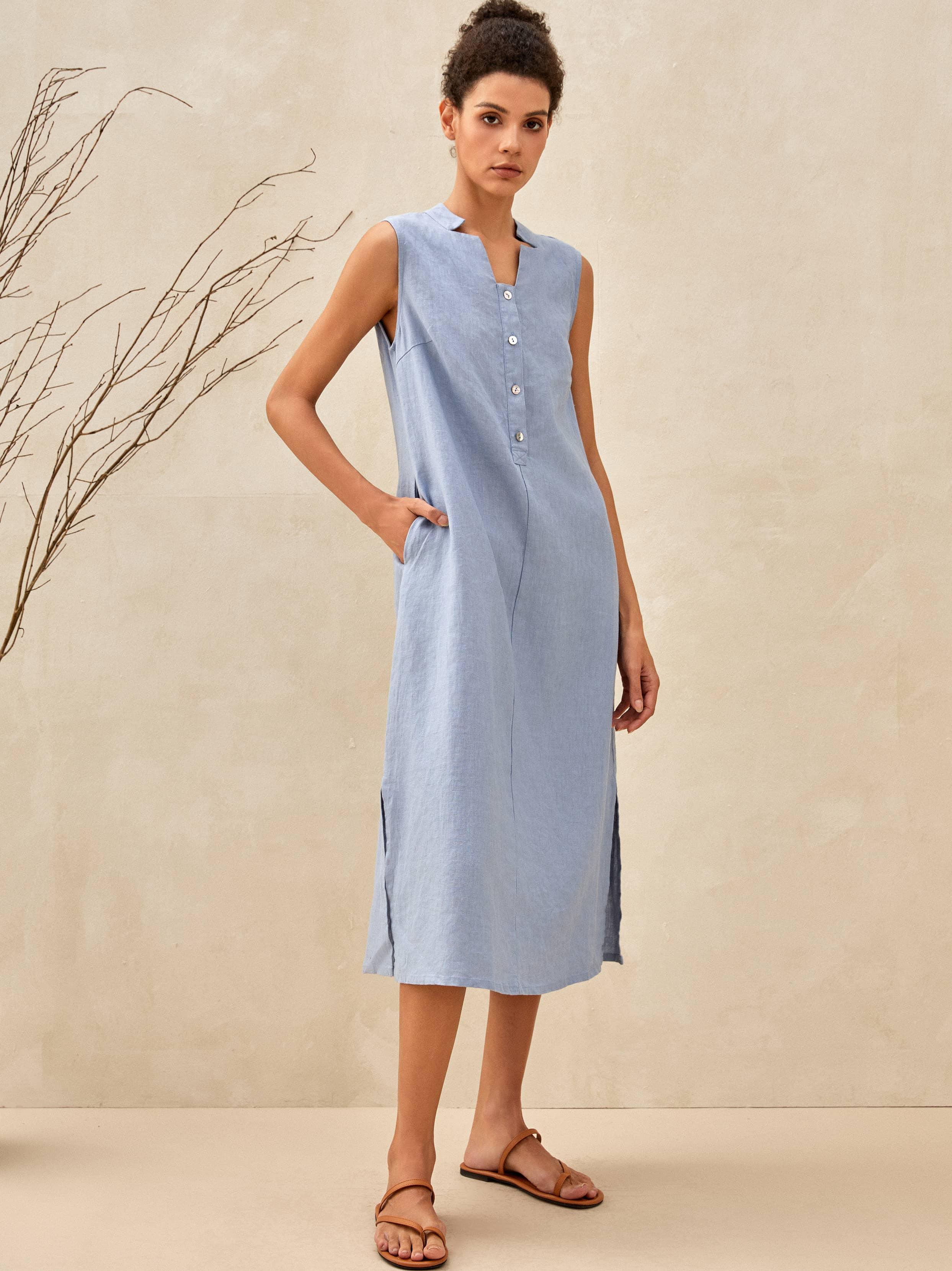 100% Linen Sleeveless Straight High Slit Maxi Dress TAYLOR - DRESSES-Linen Midi