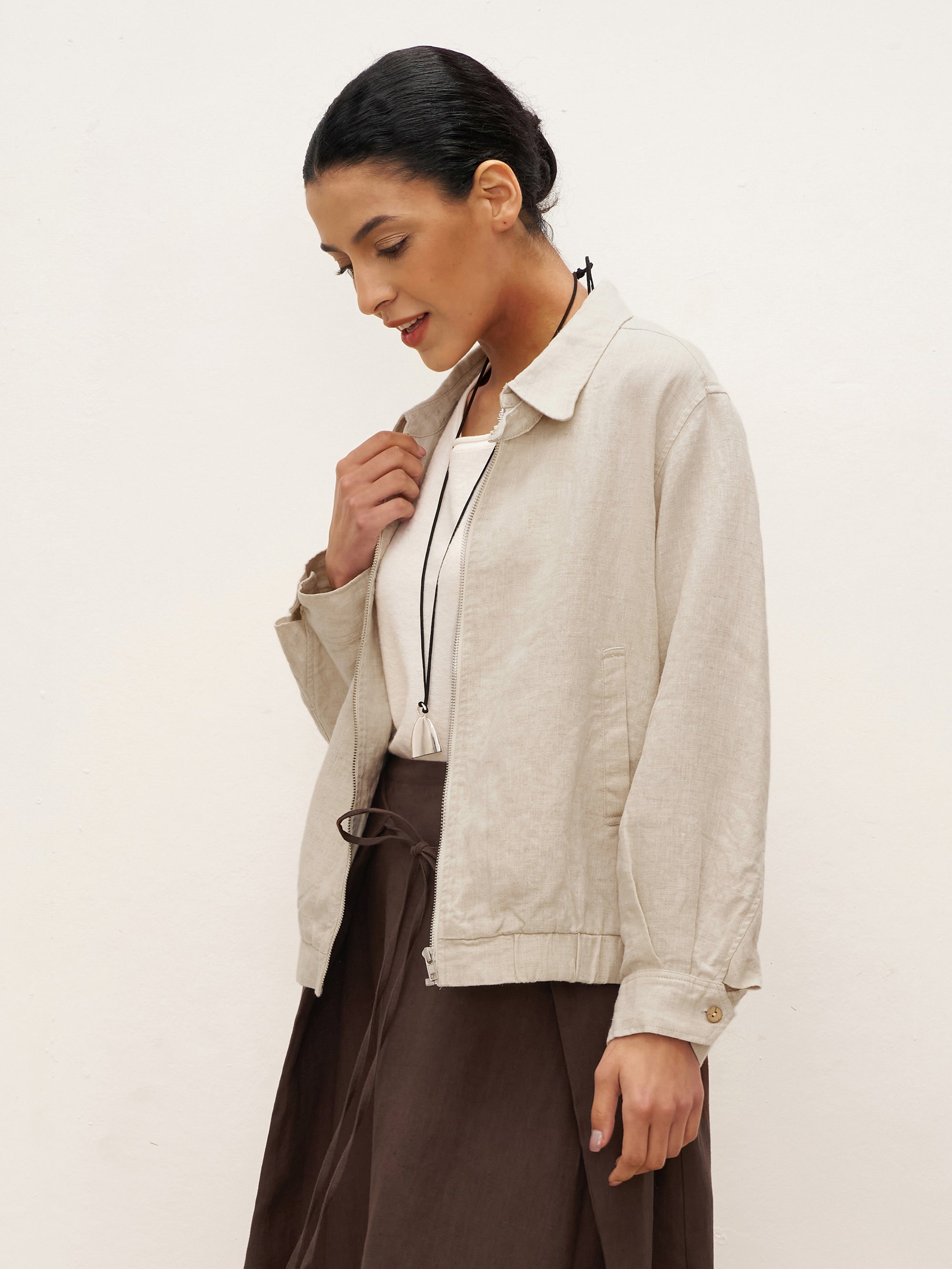100% Linen Zipper Aviator Jacket ELIZA - TOPS-Linen Jackets