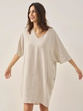 100% Linen Gingham V-Neck Oversized Midi Dress LORIN by LINTICO for women