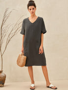 MIA 100% LINEN OVERSIZED V-NECK DRESS - dresses