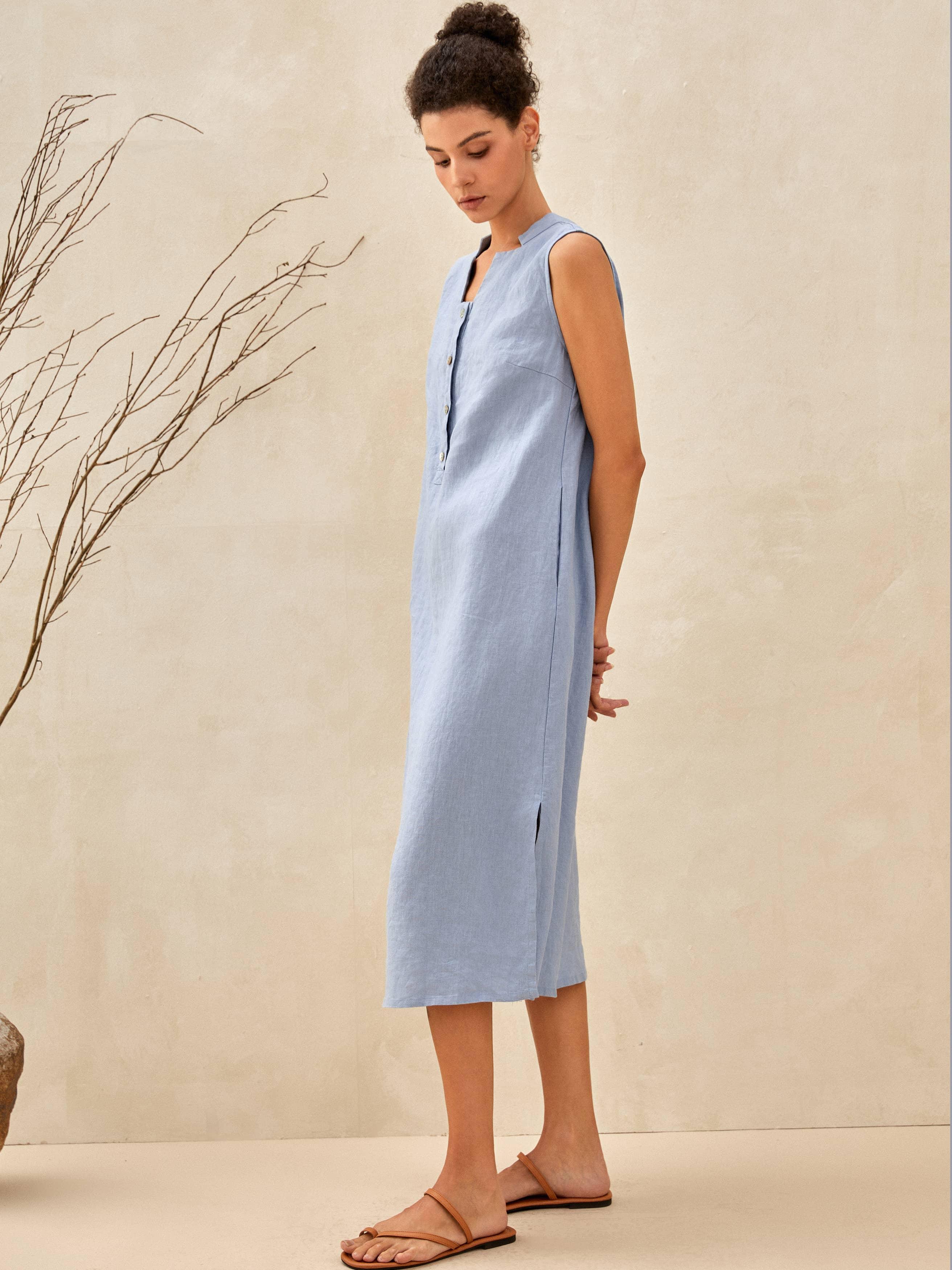 100% Linen Sleeveless Straight High Slit Maxi Dress TAYLOR - DRESSES-Linen Midi