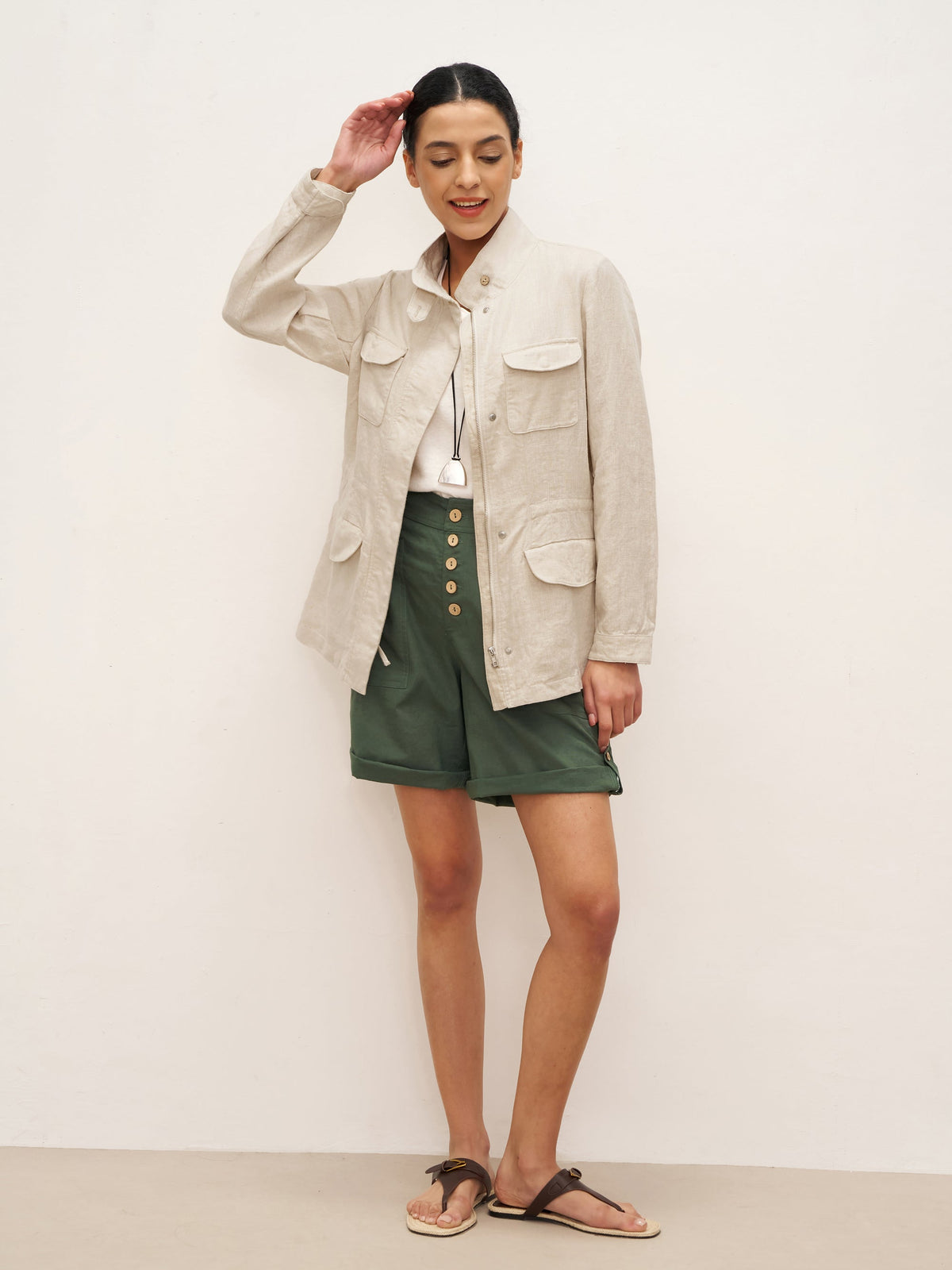 100% Linen Convertible Collar Jacket EVELINA - TOPS-Linen Jackets