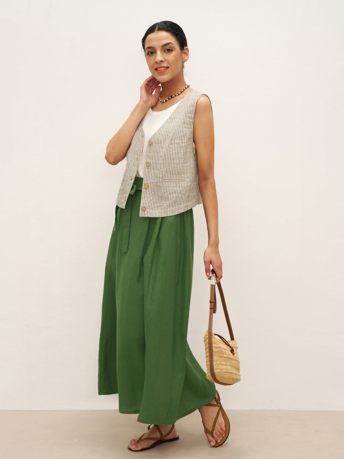 Gilet LULU 100% lin rayé à col V profond - Hauts - gilets en lin