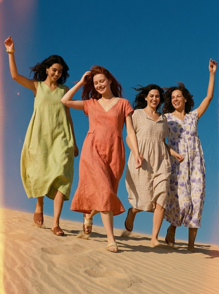 Woman wearing a navy LINTICO linen top