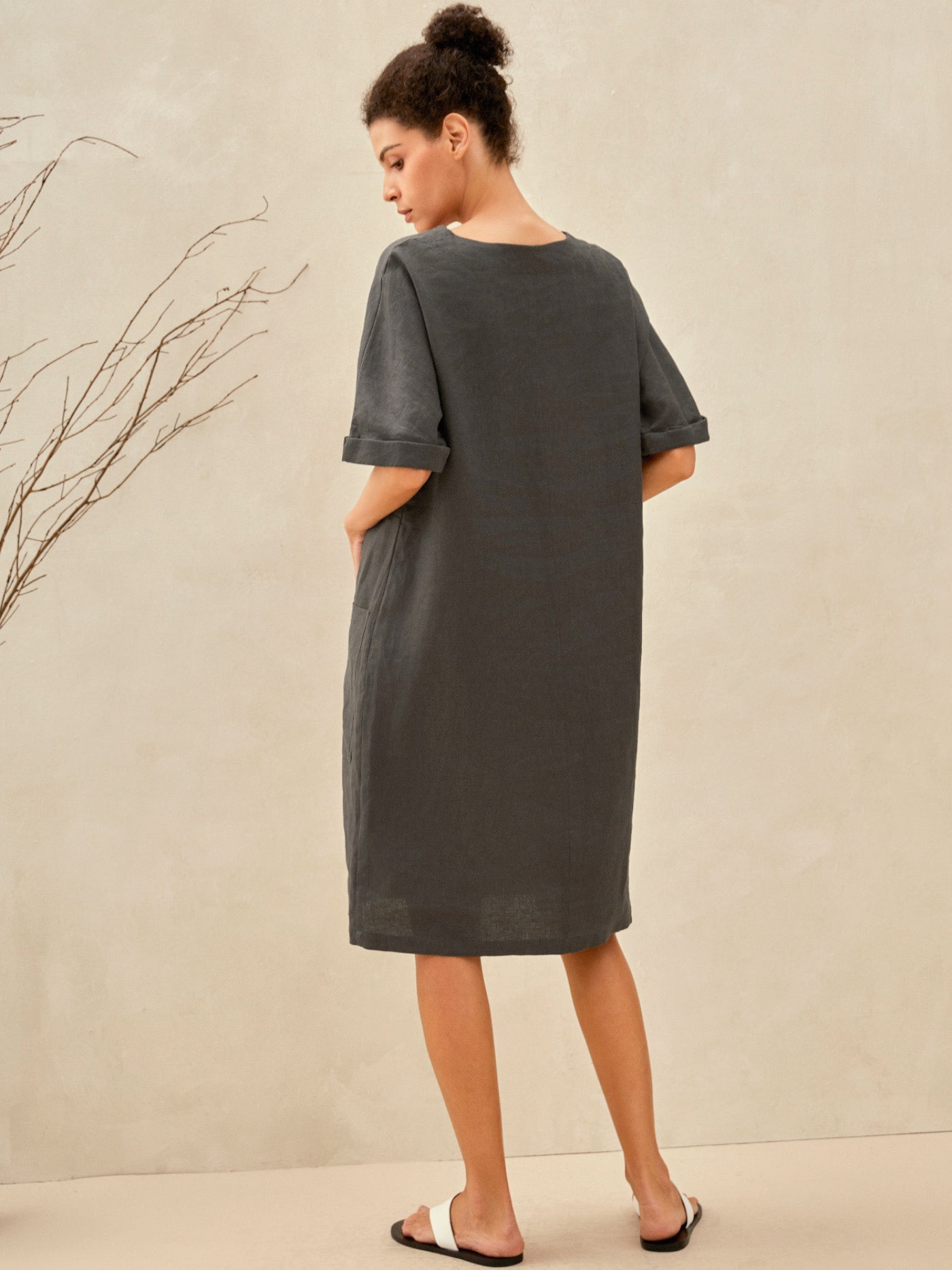 MIA 100% LINEN OVERSIZED V-NECK DRESS - dresses