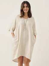 100% LINEN GINGHAM V-NECK OVERSIZED MIDI DRESS LORIN