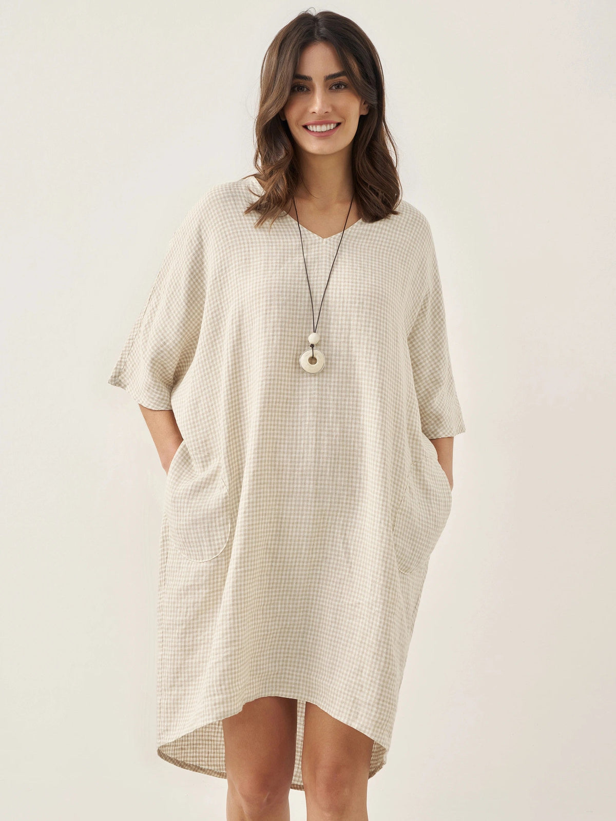 100% LINEN GINGHAM V-NECK OVERSIZED MIDI DRESS LORIN