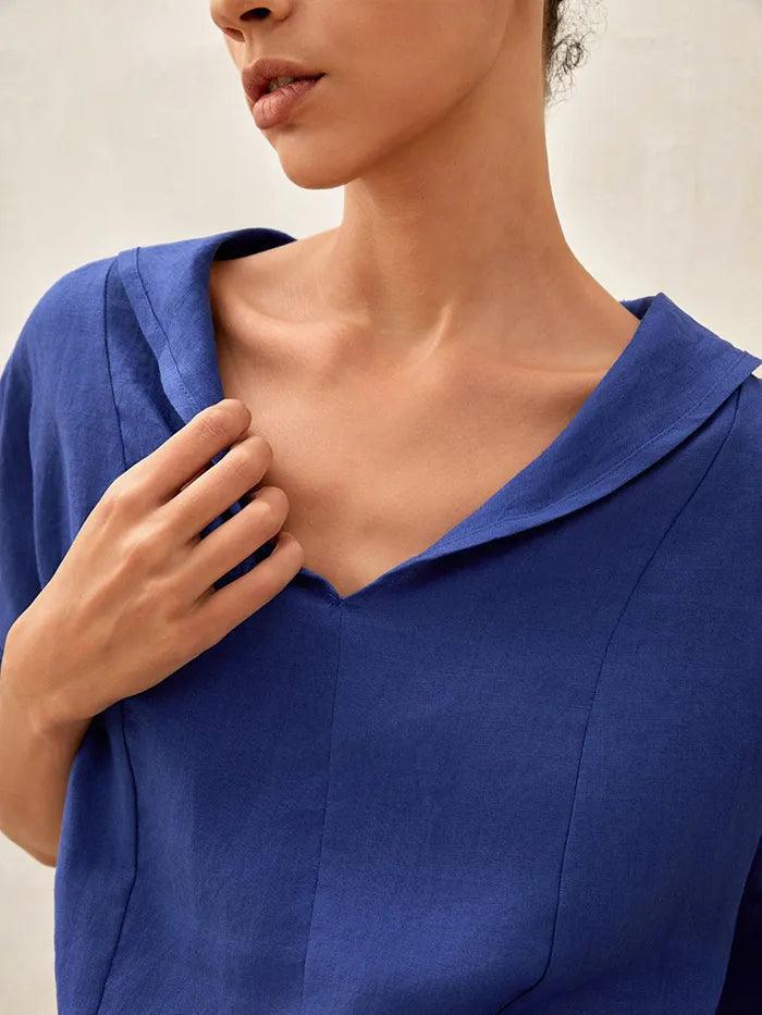 100% Linen V-Neck Short Sleeve Shirt SIERRA - TOPS-Linen Blouses