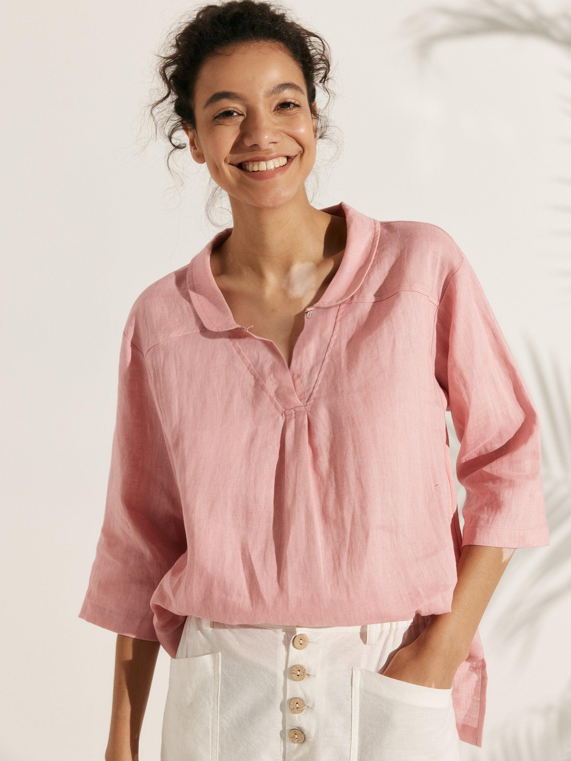 作家 itoさん　volume sleeve linen tops 100% Linen Shawl V-Neck Half Sleeve Top JADE – LINTICO