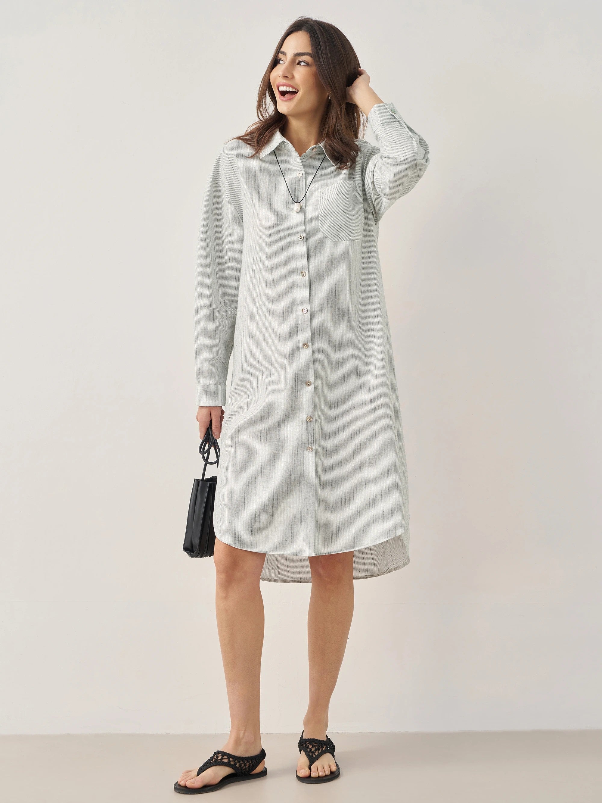 Linen Button-Front Artistic Stripe Shirt Dress JULIA - DRESSES-Linen Midi