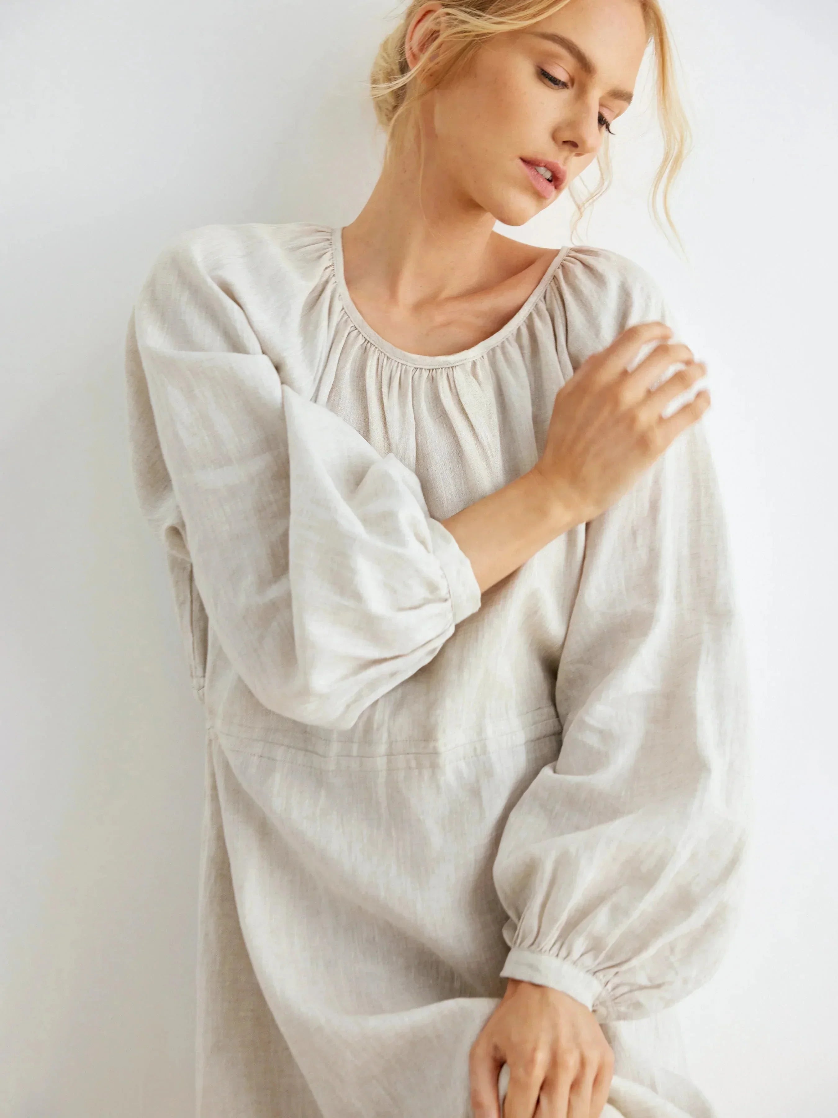 100% LINEN PUFF SLEEVE DRAWSTRING WAIST MAXI DRESS MILLY