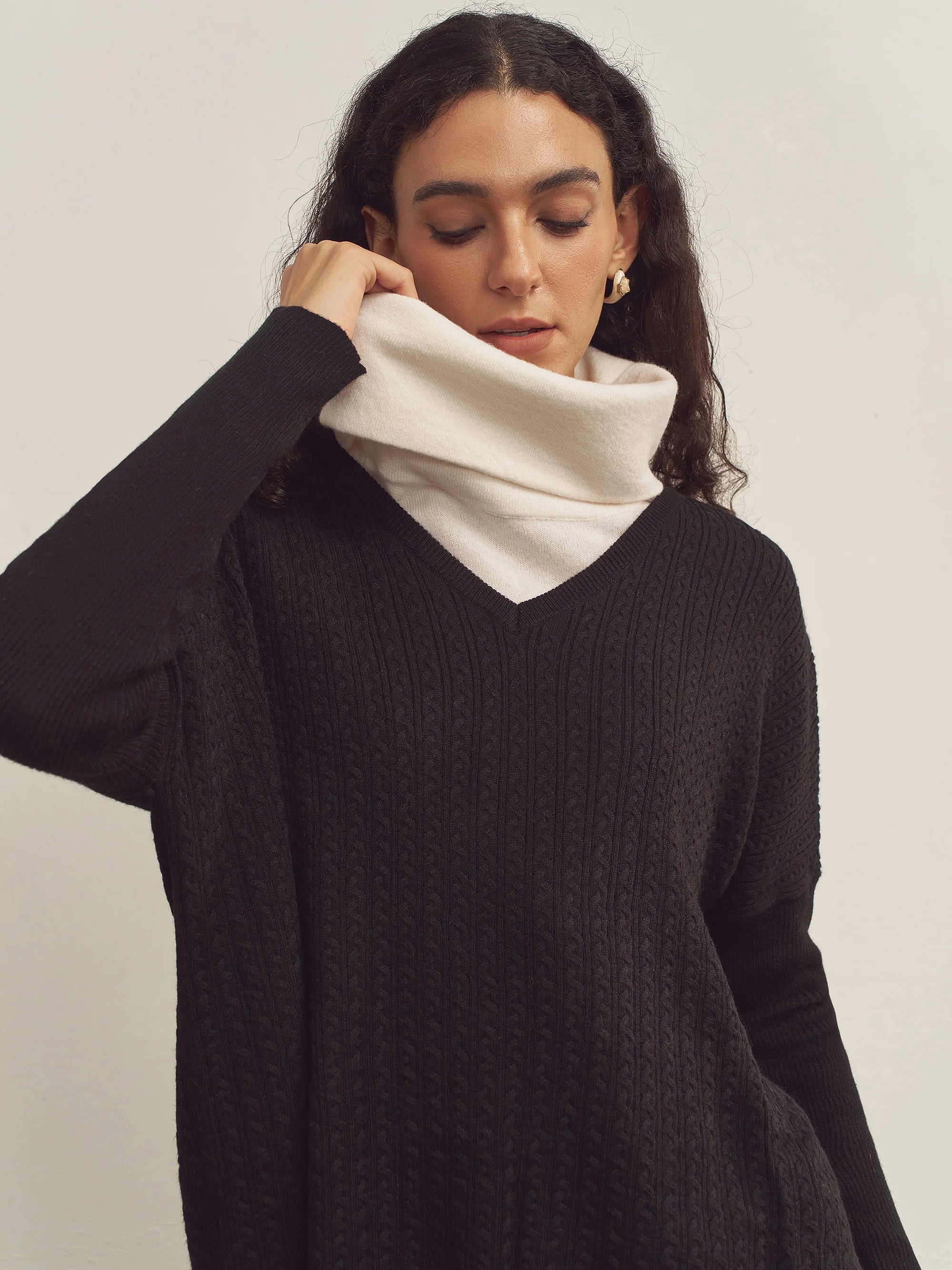 Cashmere V-Neck Textured Oversized Sweater With Asymmetrical Structural Design