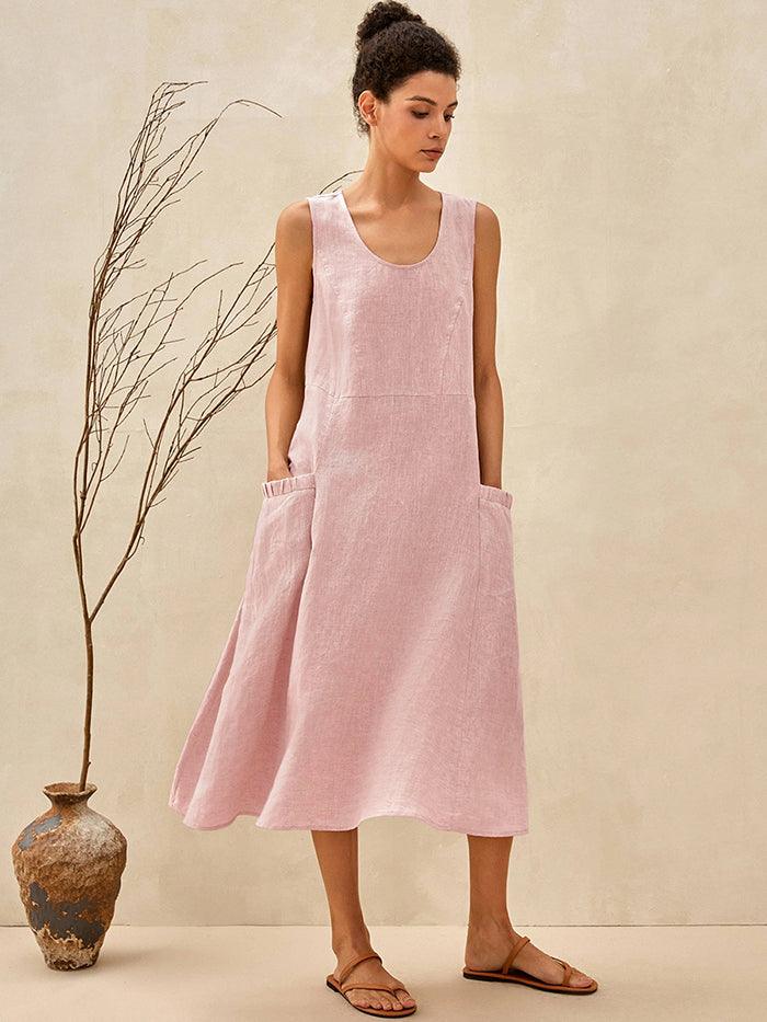 100% Linen Swing Beach Tank Dress GIANA - Rosa / XS - DRESSES-Linen Midi