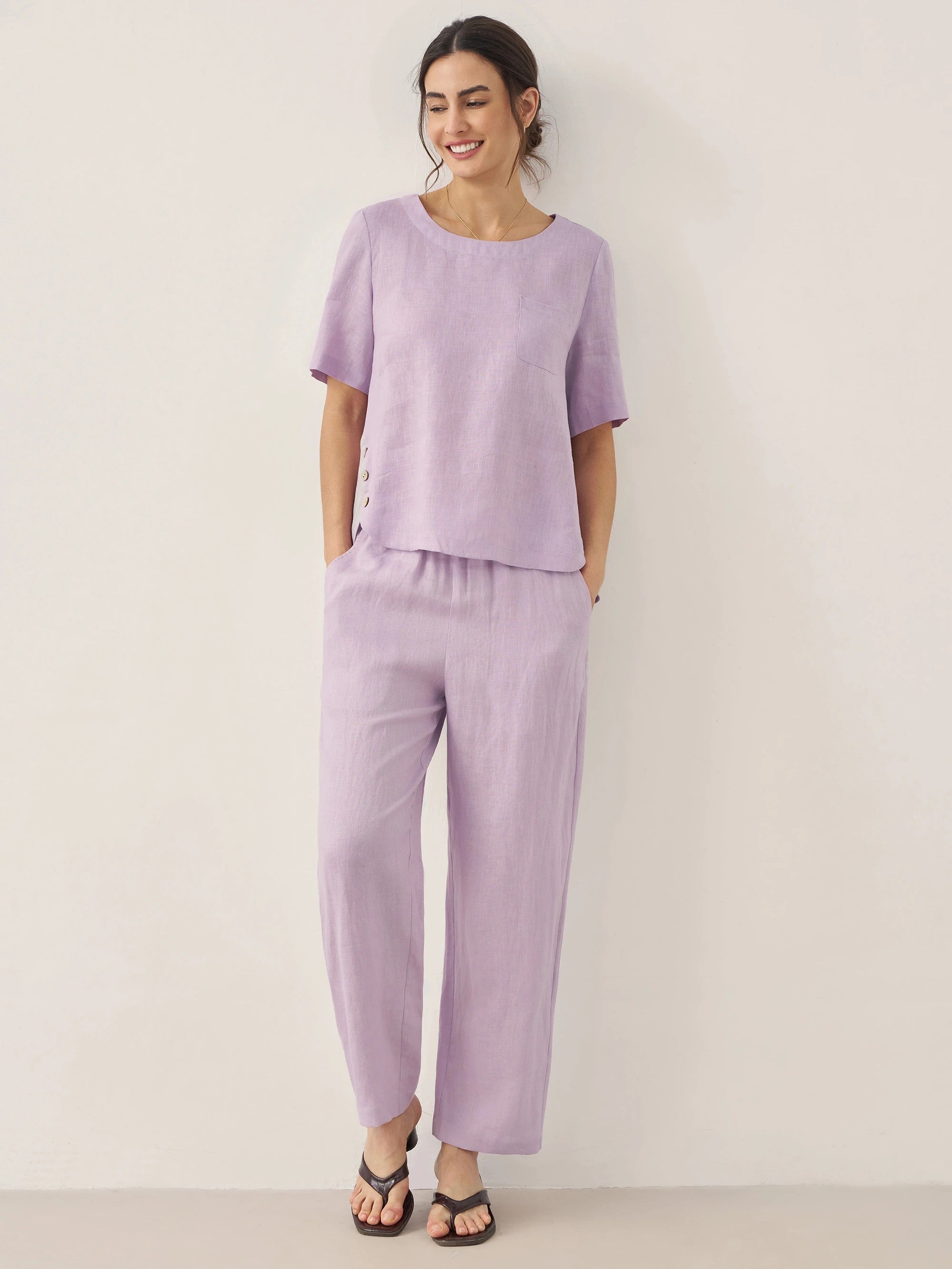 100% LINEN SHORT-SLEEVE ROUND NECK BUTTON DETAIL TOP & PANTS SET