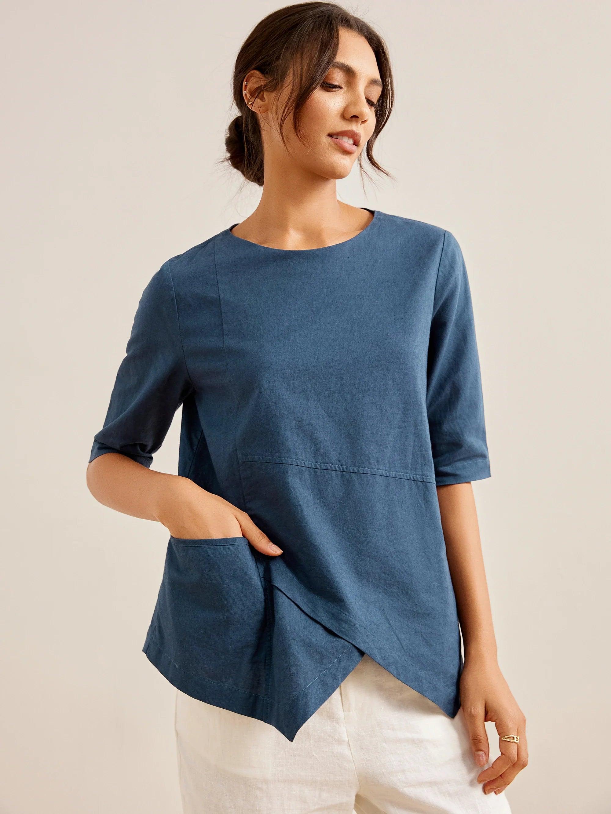 Linen Half Sleeve Layered Top CLAUDIA - Ocean Blue / S - TOPS-Linen Blouses