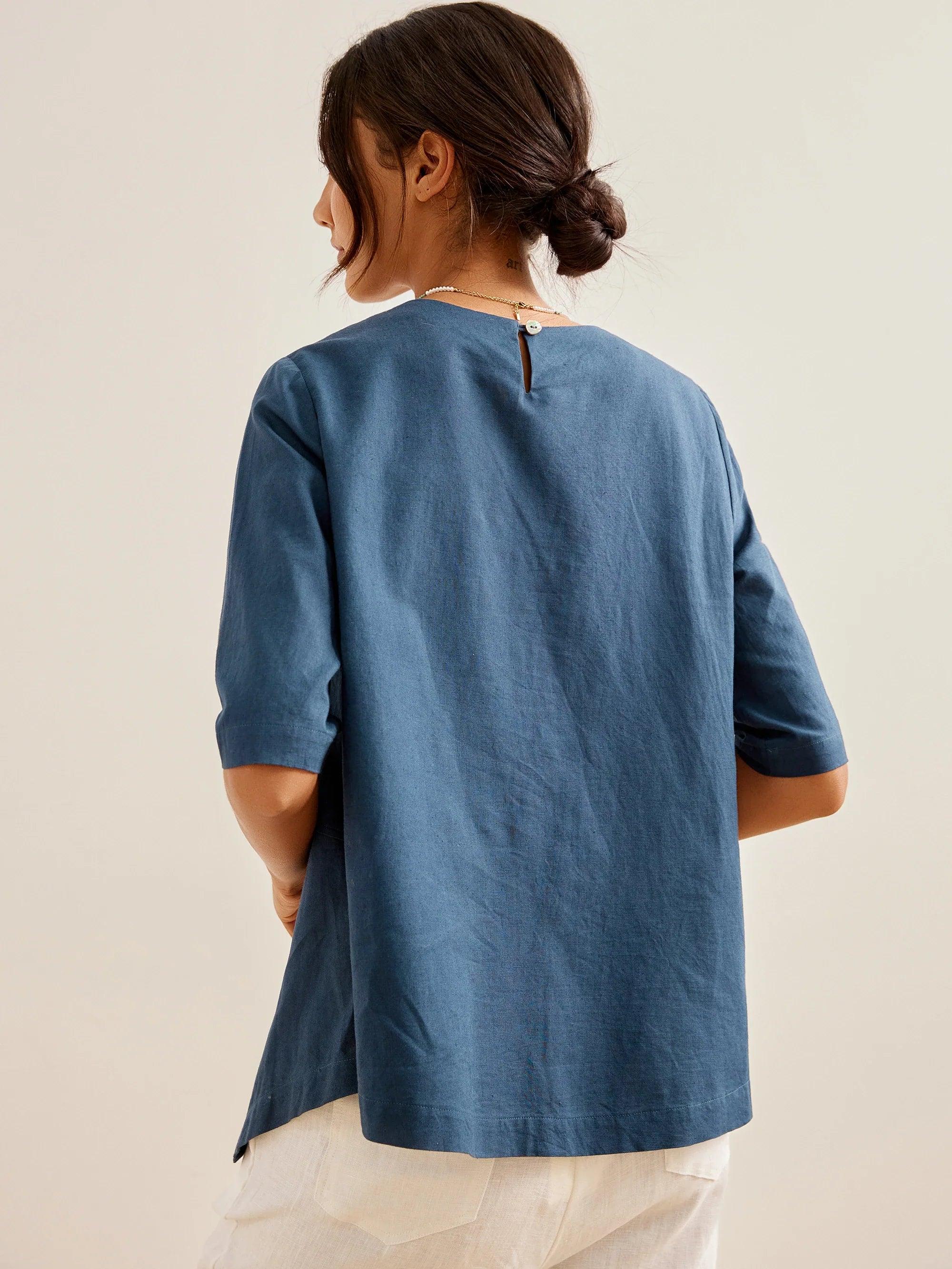 Linen Half Sleeve Layered Top CLAUDIA - TOPS-Linen Blouses