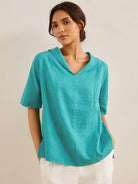 100% Linen V-Neck Short Sleeve Shirt SIERRA - Mint Lagoon / XS - TOPS-Linen Blouses