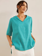 100% Linen V-Neck Short Sleeve Shirt SIERRA - TOPS-Linen Blouses