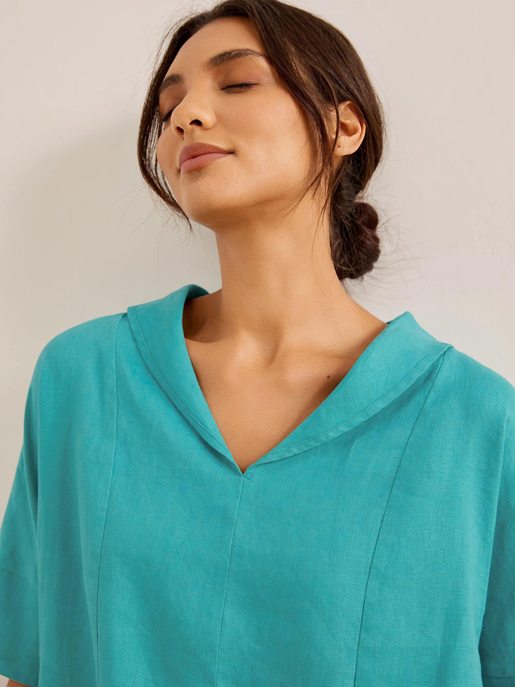 Linen V Neck Short Sleeve Shirt - TOPS-Linen Blouses