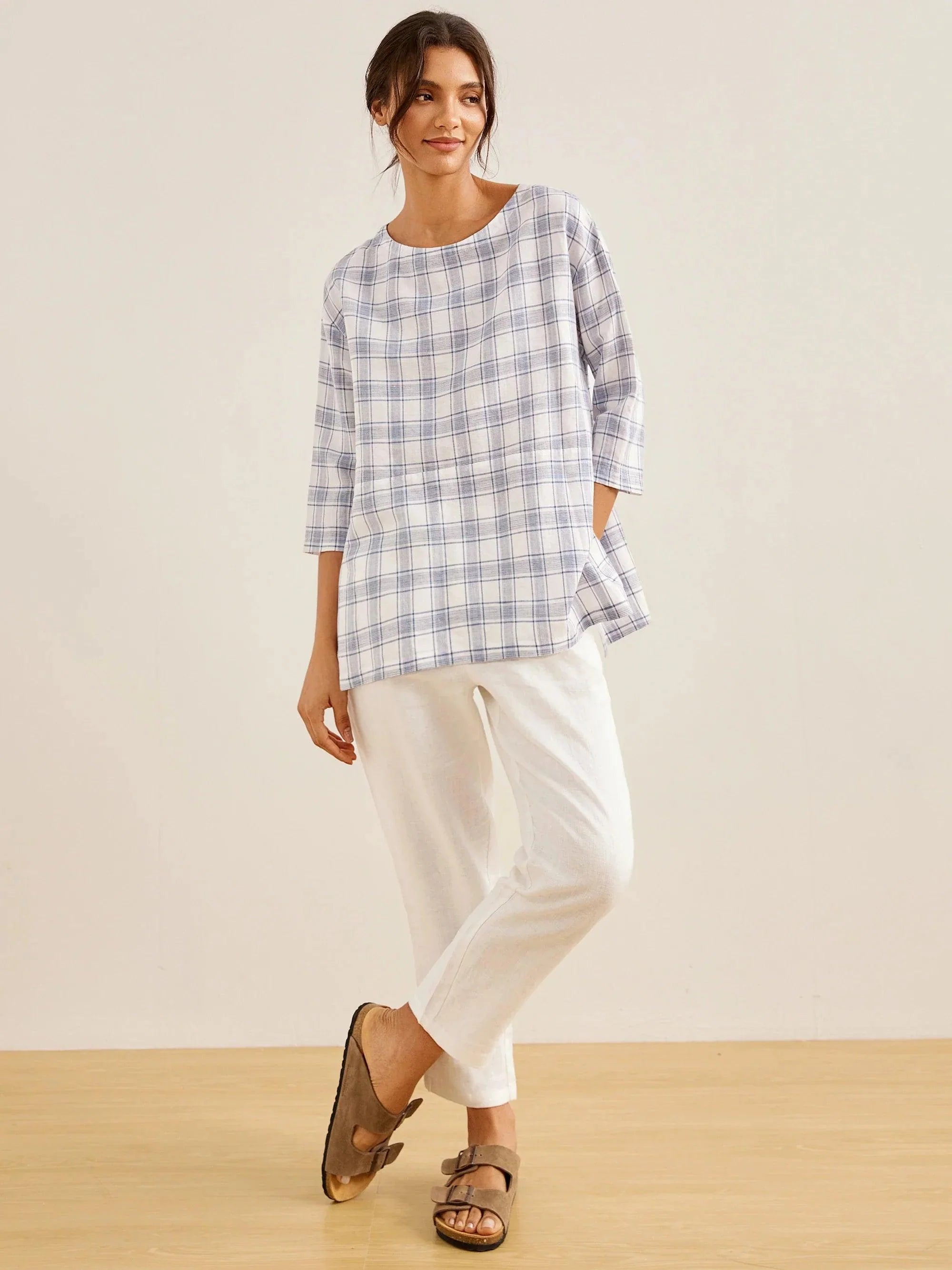 Linen White Boat Neck Oversized Top AVA - TOPS-Linen Blouses