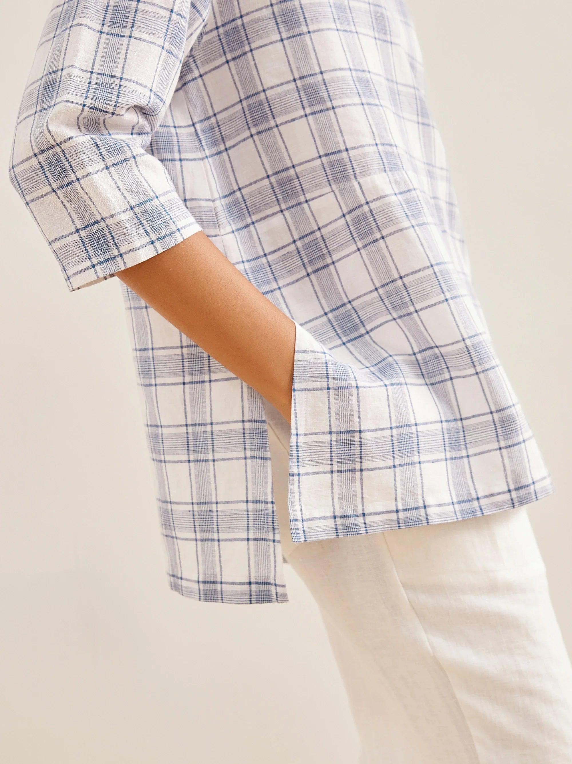 Linen Gingham Boat Neck Oversized Top - TOPS-Linen Blouses