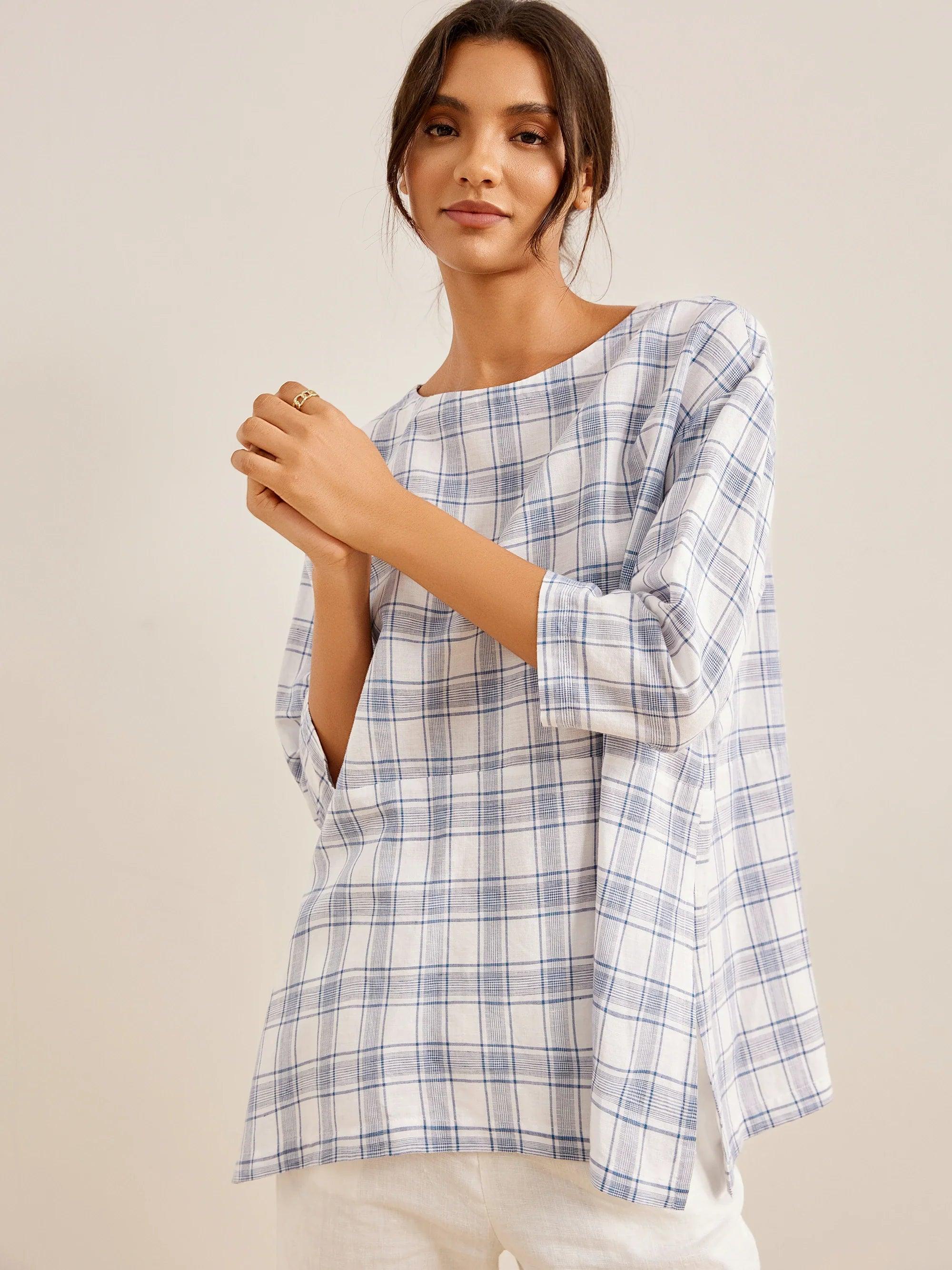 Linen Gingham Boat Neck Oversized Top - TOPS-Linen Blouses