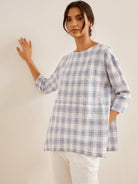 Linen White Boat Neck Oversized Top AVA - Sky Check / S - TOPS-Linen Blouses