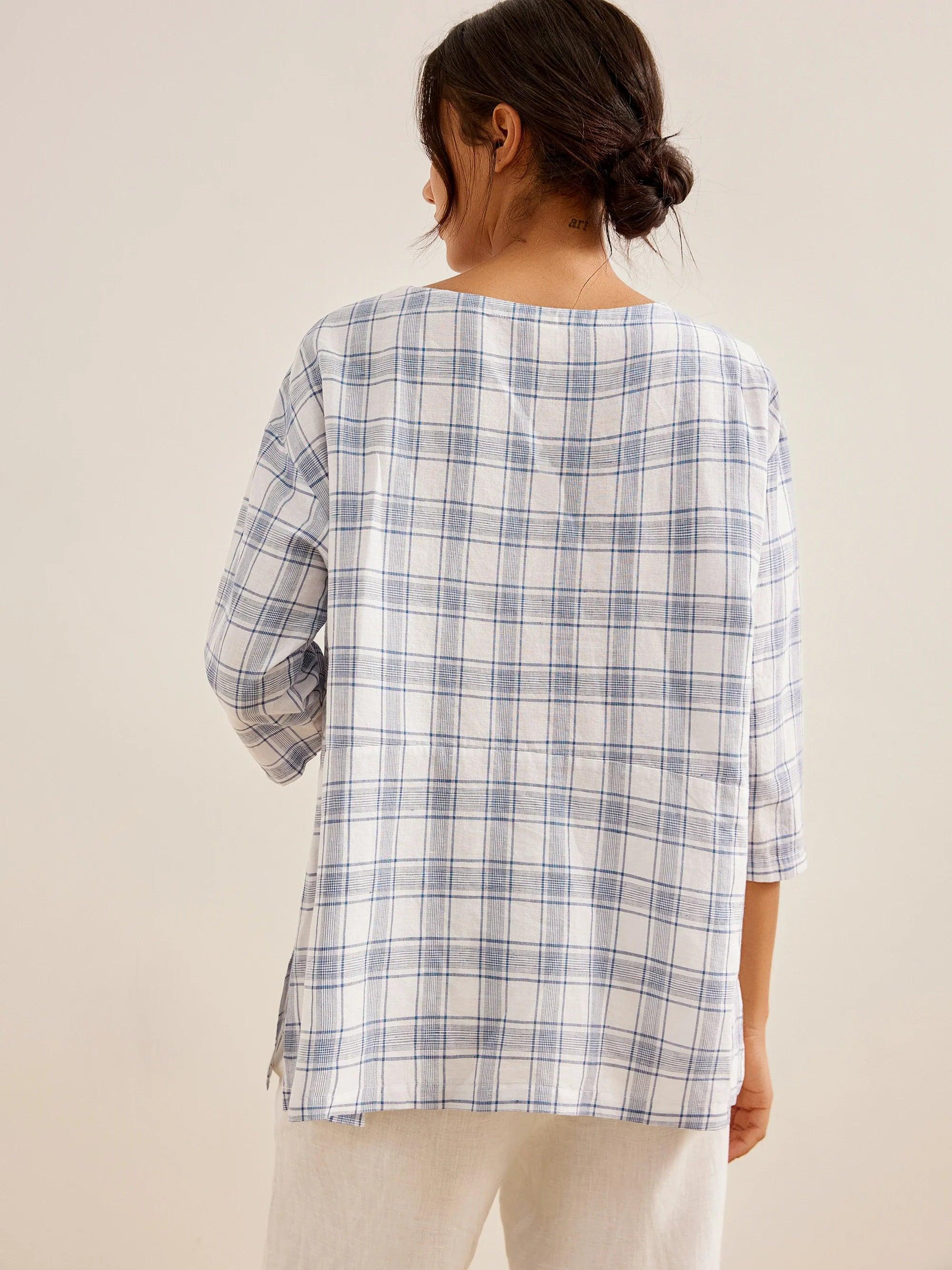 Linen Gingham Boat Neck Oversized Top - TOPS-Linen Blouses