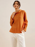 100% Linen Draped Neck Top HOLLIS - TOPS-Linen Blouses