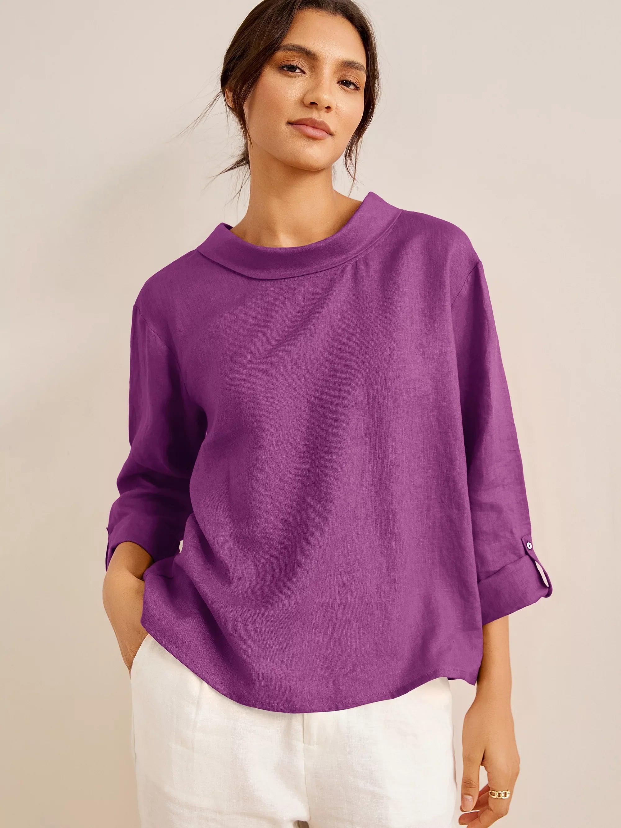 100% Linen Draped Neck Top HOLLIS - TOPS-Linen Blouses