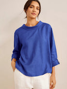 100% Linen Draped Neck Top HOLLIS - Royal Blue / S - TOPS-Linen Blouses