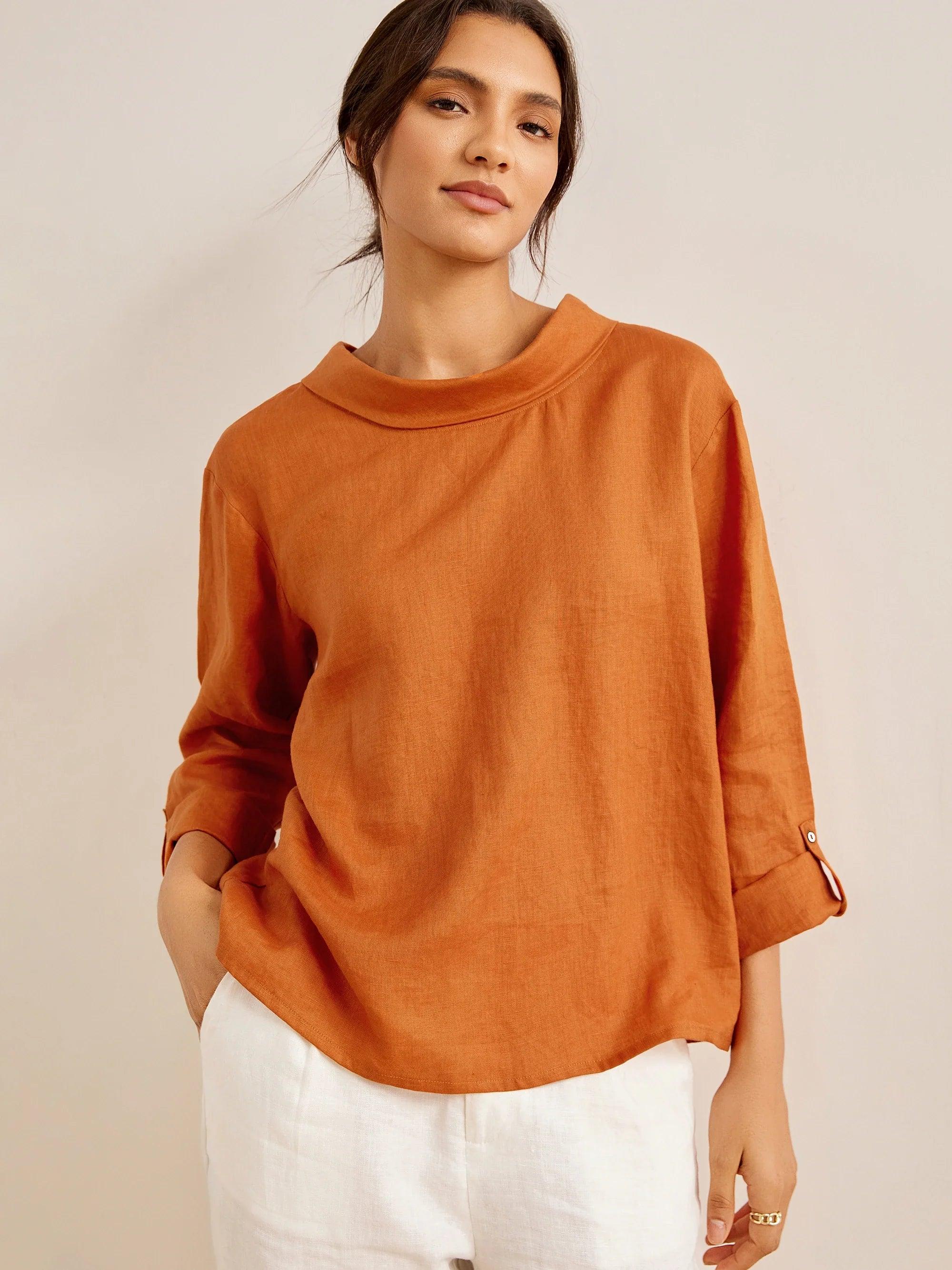 100% Linen Draped Neck Top HOLLIS - Sun Orange / S - TOPS-Linen Blouses