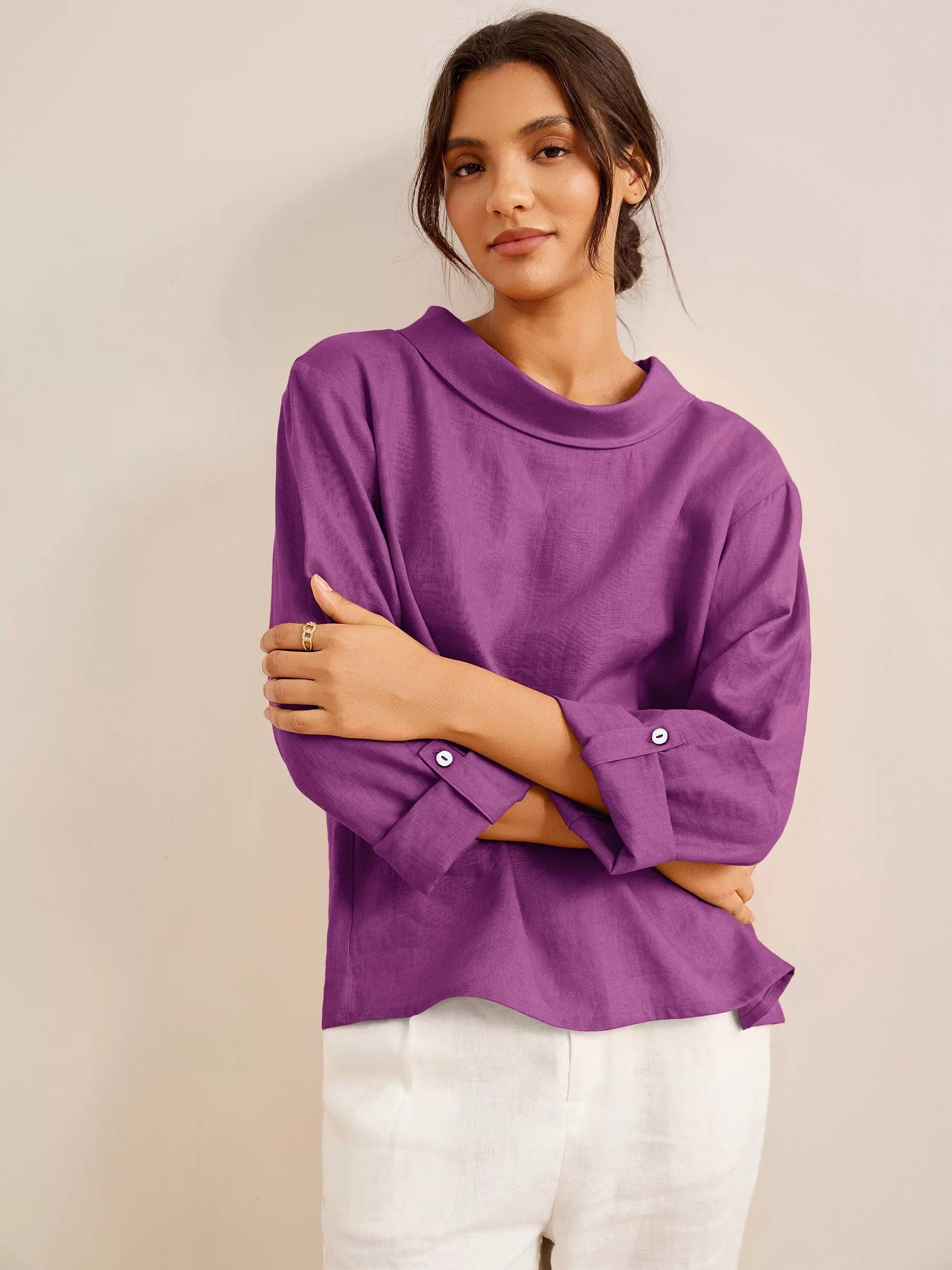 100% Linen Draped Neck Top HOLLIS - Violet Velvet / S - TOPS-Linen Blouses