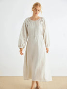 100% LINEN PUFF SLEEVE DRAWSTRING WAIST MAXI DRESS MILLY - Grayish White / S