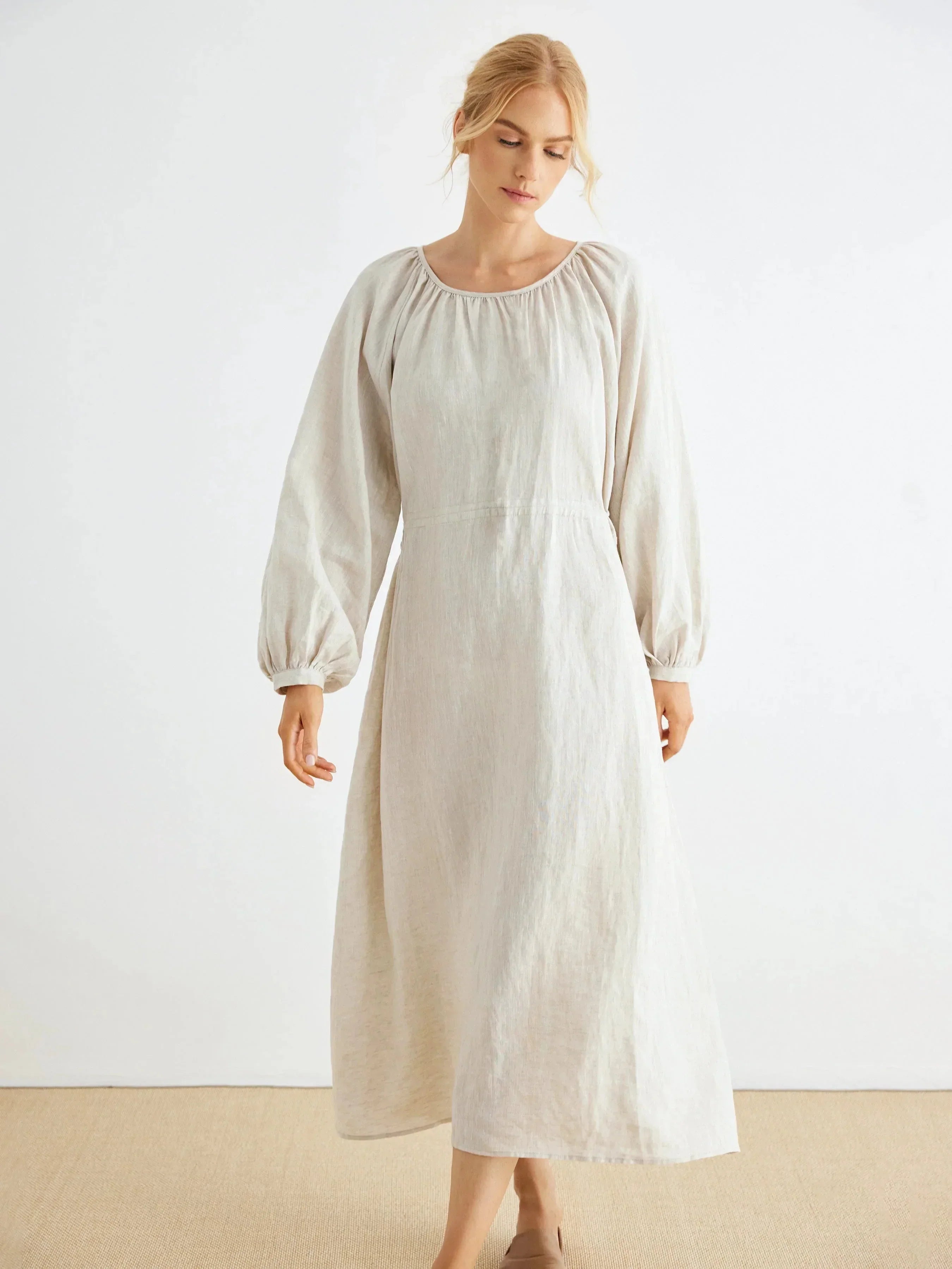 100% LINEN PUFF SLEEVE DRAWSTRING WAIST MAXI DRESS MILLY - Grayish White / S