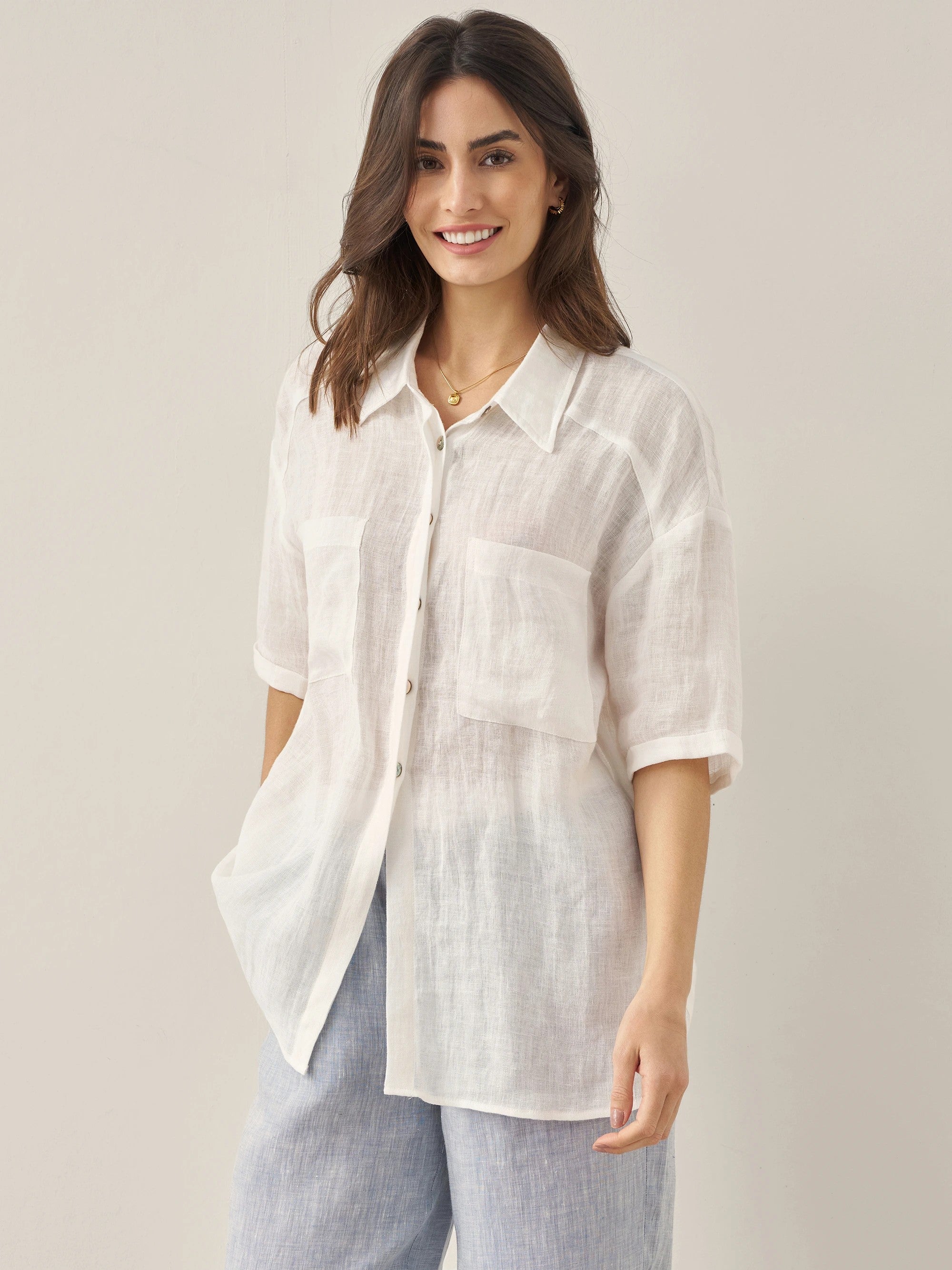 100% Linen Pocket Detail Button-Front Shirt