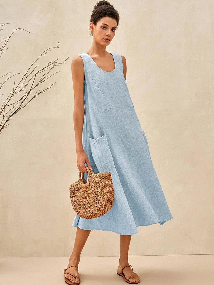 100% Linen Swing Beach Tank Dress GIANA - DRESSES-Linen Midi