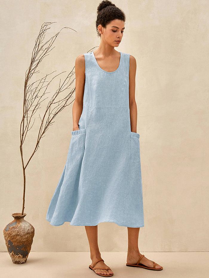 100% Linen Swing Beach Tank Dress GIANA - Powder Blue / XS - DRESSES-Linen Midi