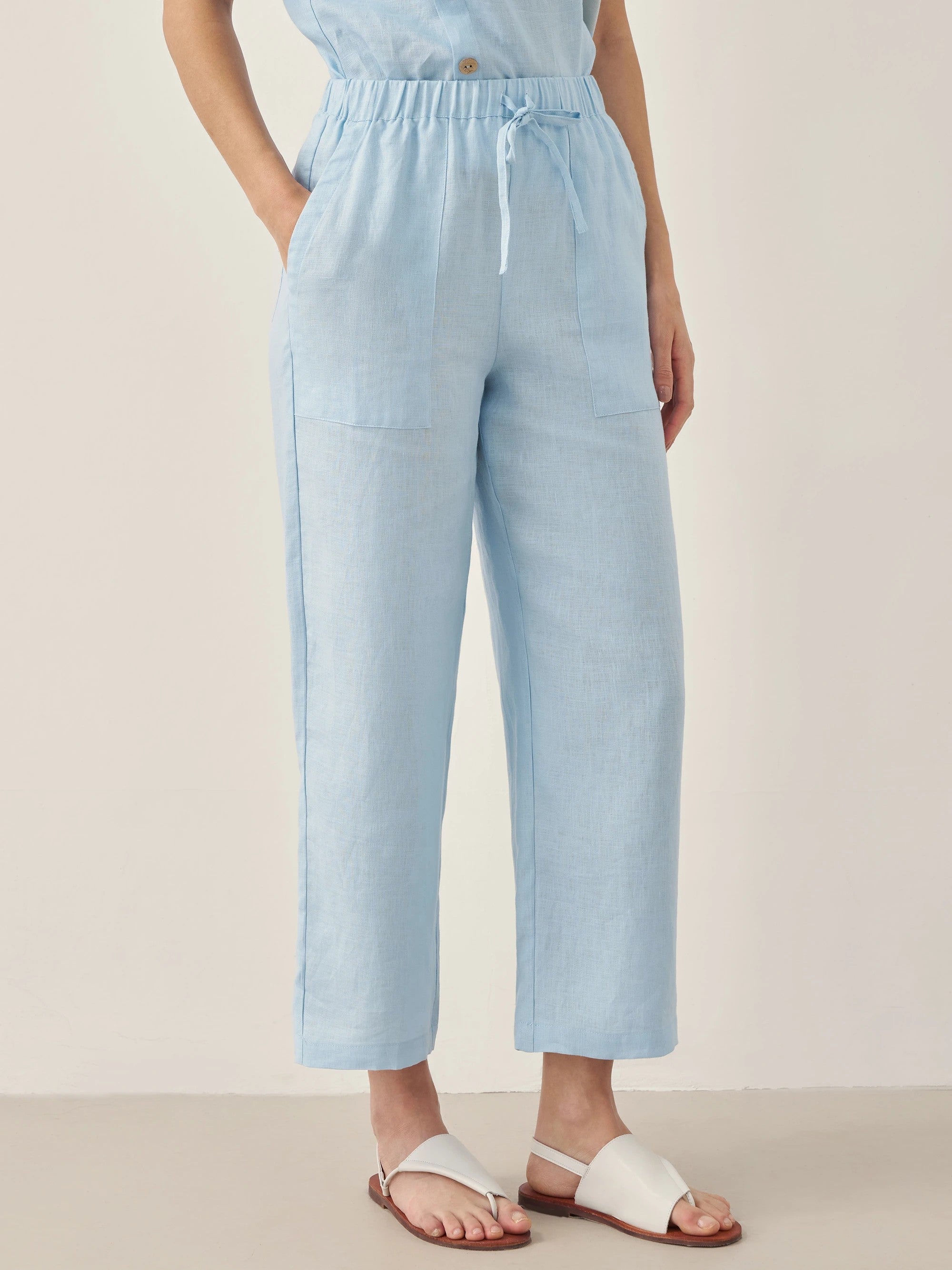 100% Linen Short-Sleeve Round Neck Button Detail Top & Pants Set JOSIE - SETS-Linen Sets