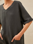 MIA 100% LINEN OVERSIZED V-NECK DRESS - dresses