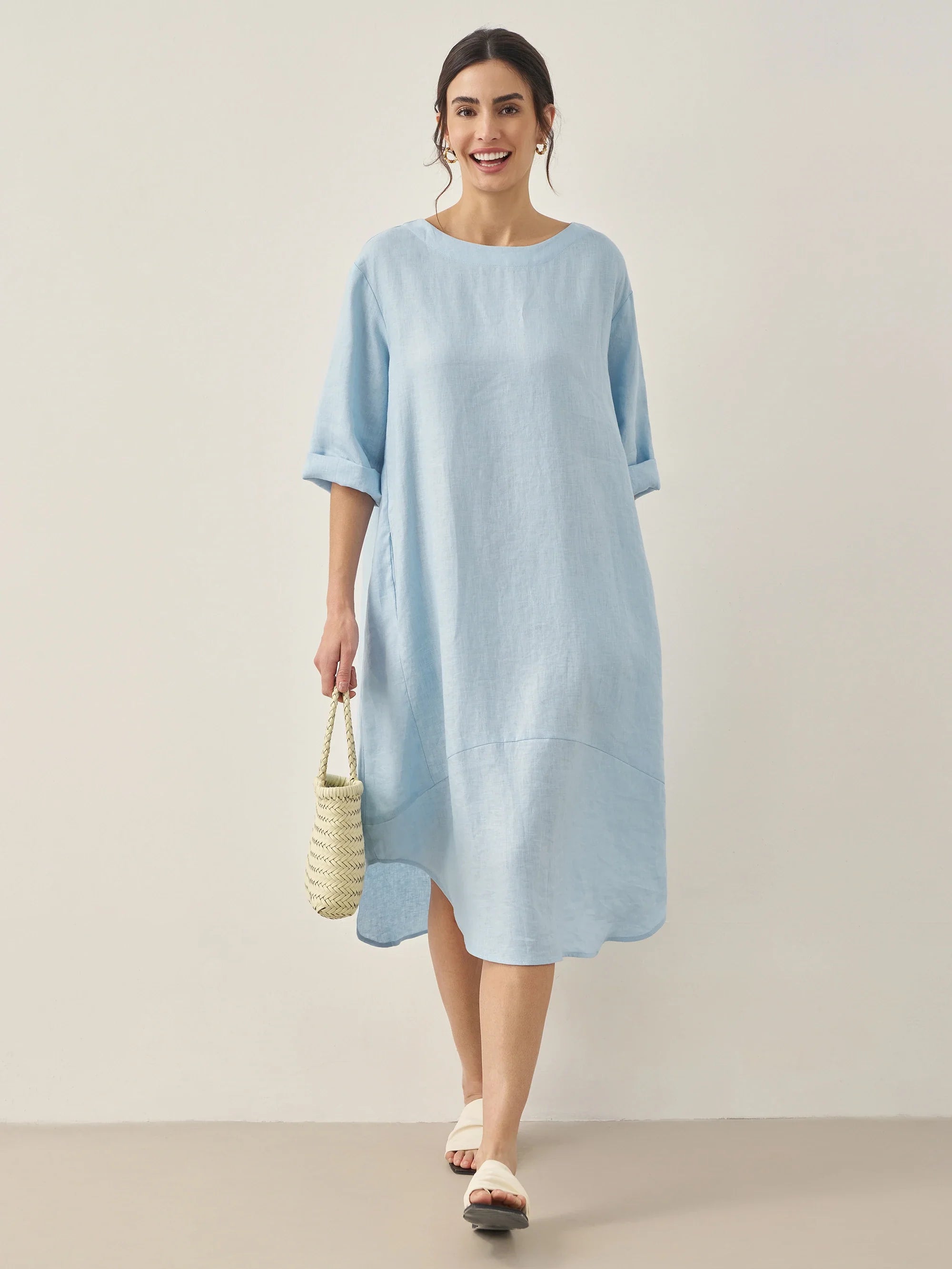 100% Linen Bateau Neck Midi Dress