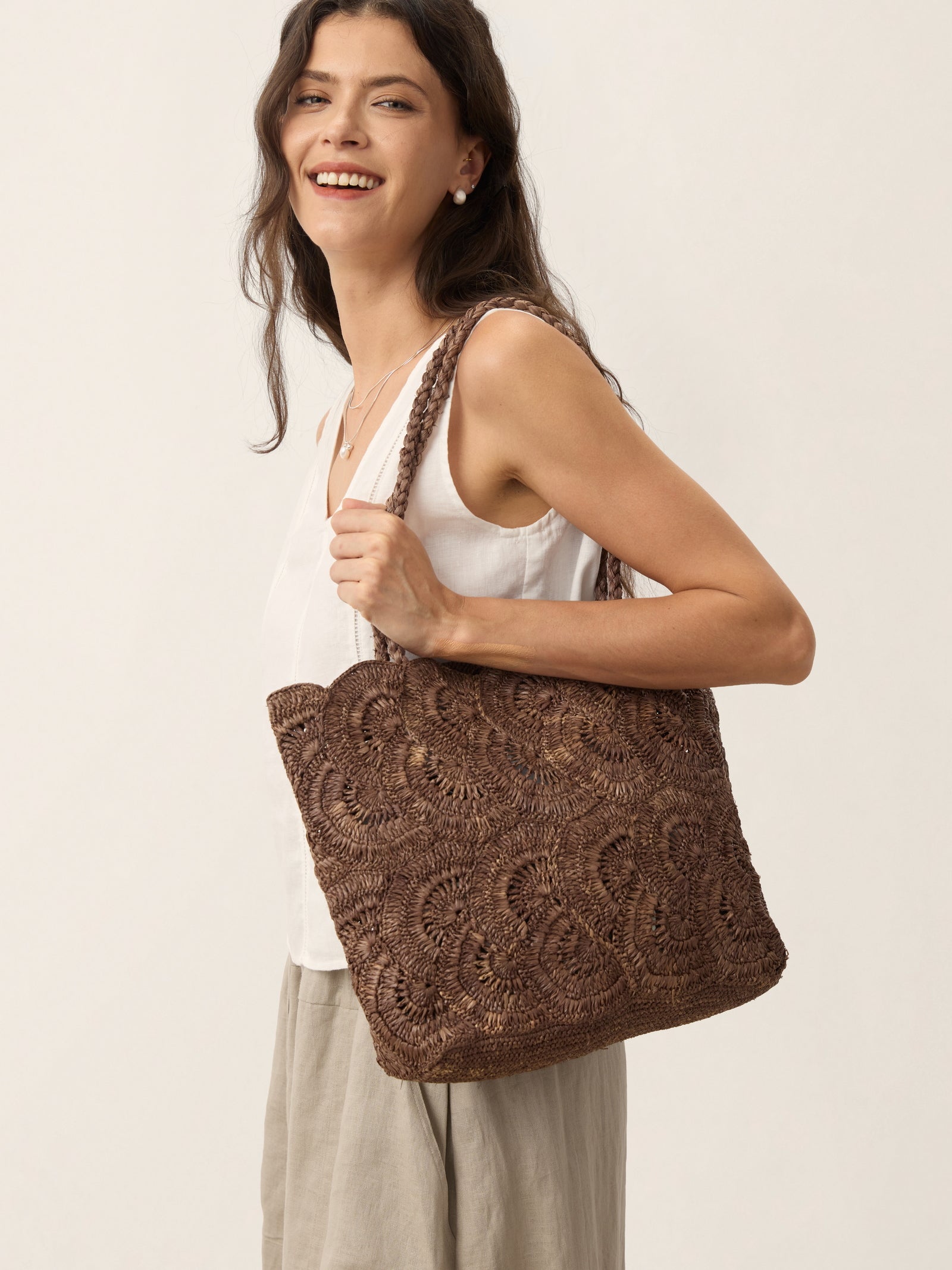 Handwoven Raffia Floral Pattern Tote Bag by LINTICO for women