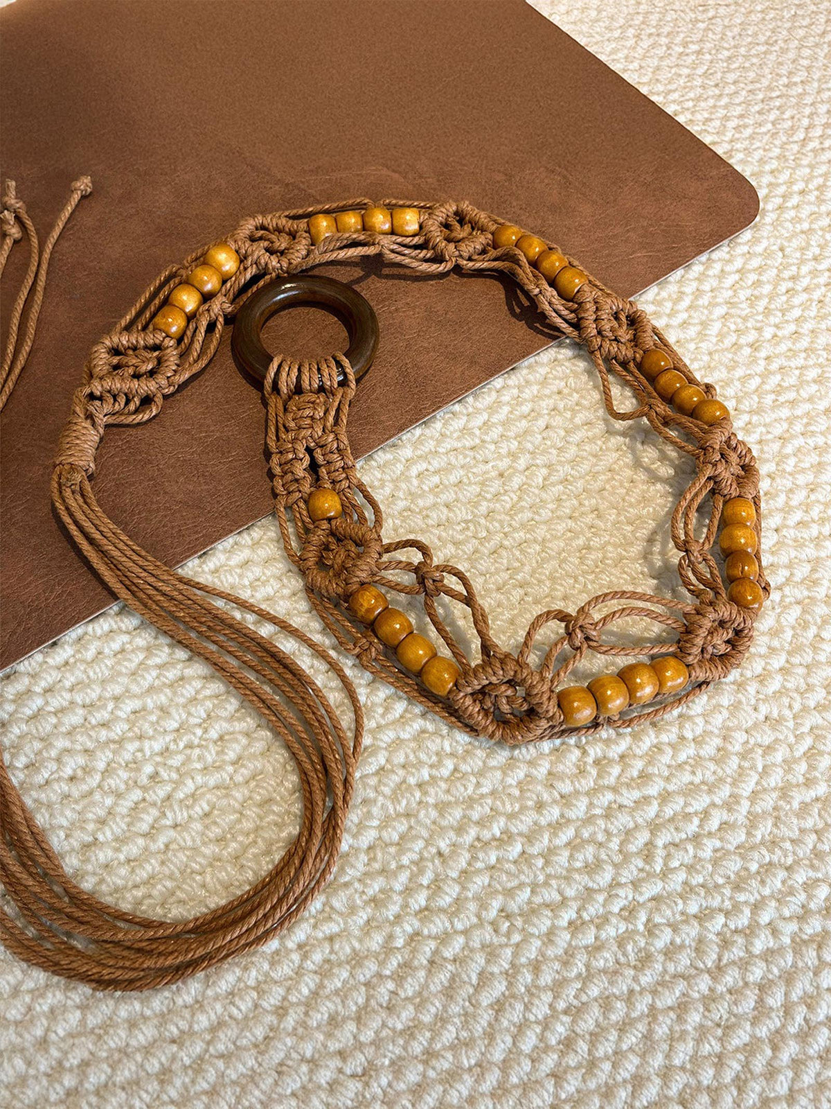 Bohemian Hand Woven Waxed Cord Waist Rope Wood Beads